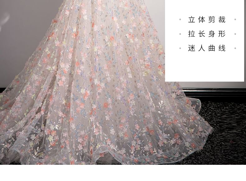 Strapless Floral Print Mesh A-Line Evening Gown SpreePicky