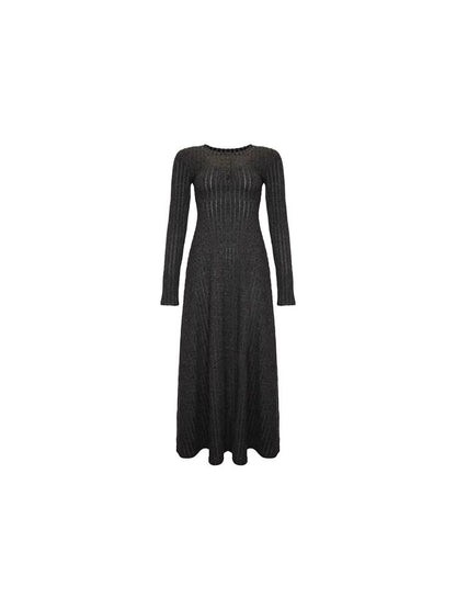 Long-Sleeve Henley Ribbed Midi A-Line Knit Dress SpreePicky