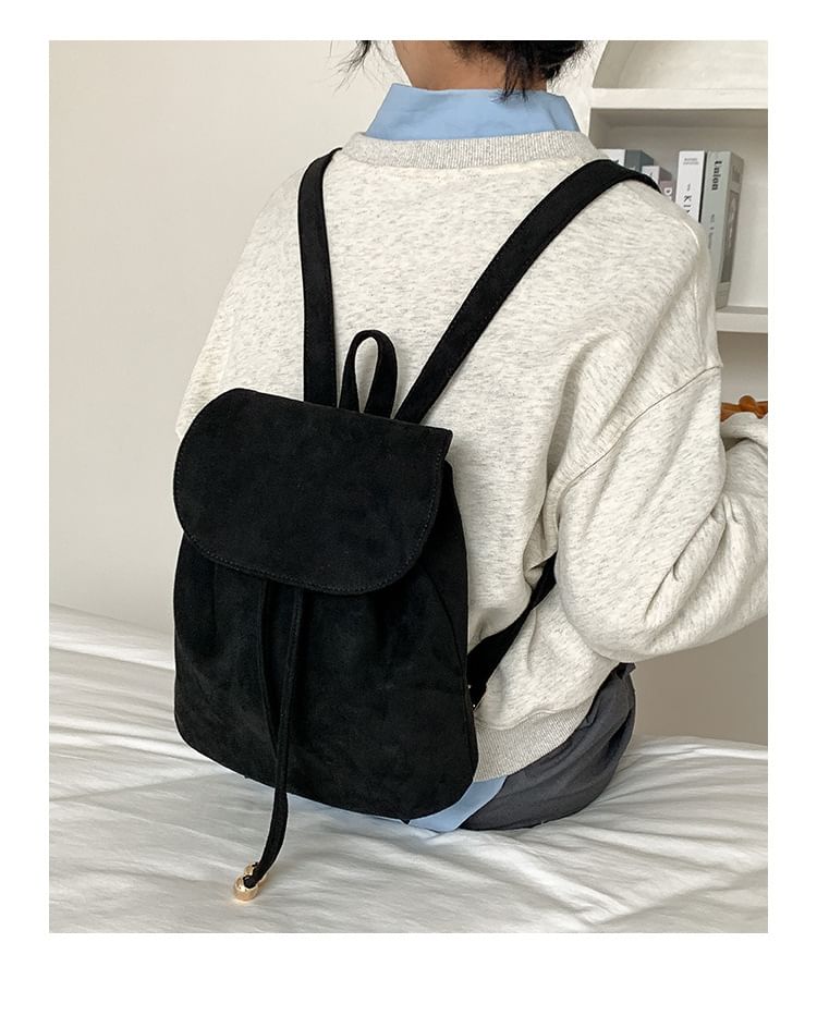 Faux Suede Drawstring Flap Backpack SpreePicky