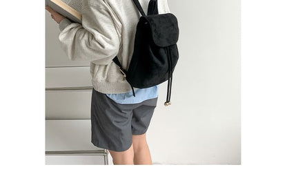 Faux Suede Drawstring Flap Backpack SpreePicky