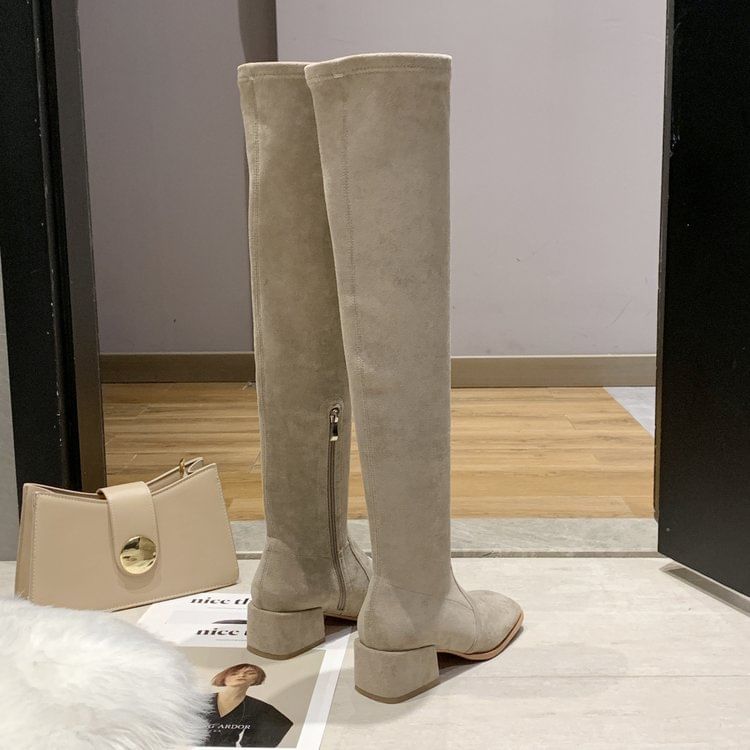 Square-Toe Chunky Heel Over-the-Knee Boots SpreePicky