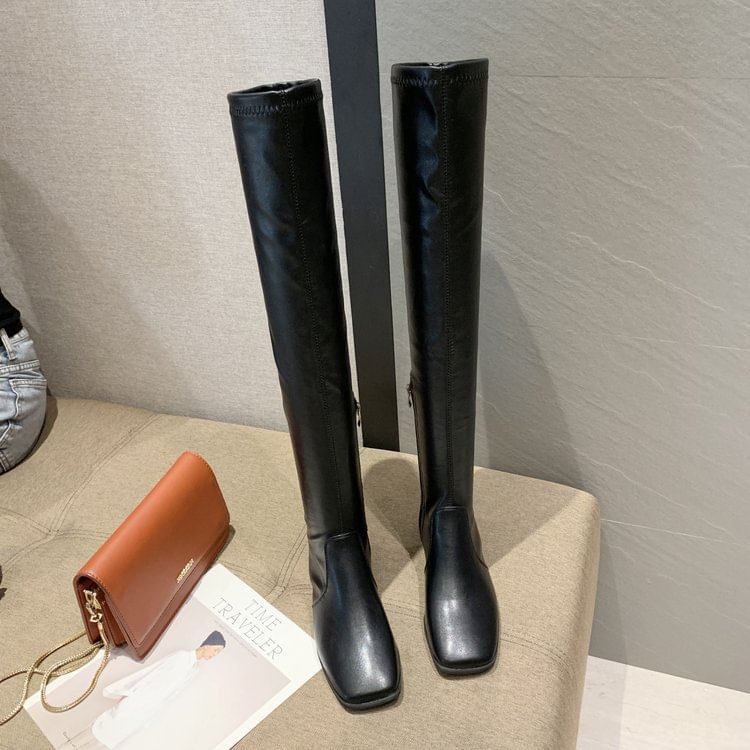 Square-Toe Chunky Heel Over-the-Knee Boots SpreePicky