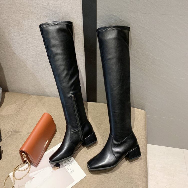 Square-Toe Chunky Heel Over-the-Knee Boots SpreePicky