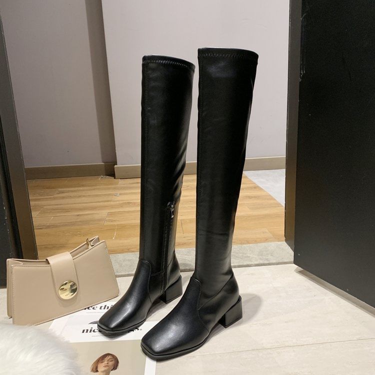 Square-Toe Chunky Heel Over-the-Knee Boots SpreePicky