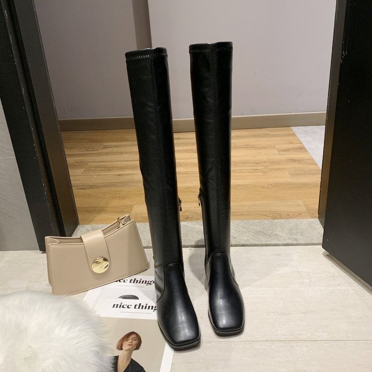 Square-Toe Chunky Heel Over-the-Knee Boots SpreePicky