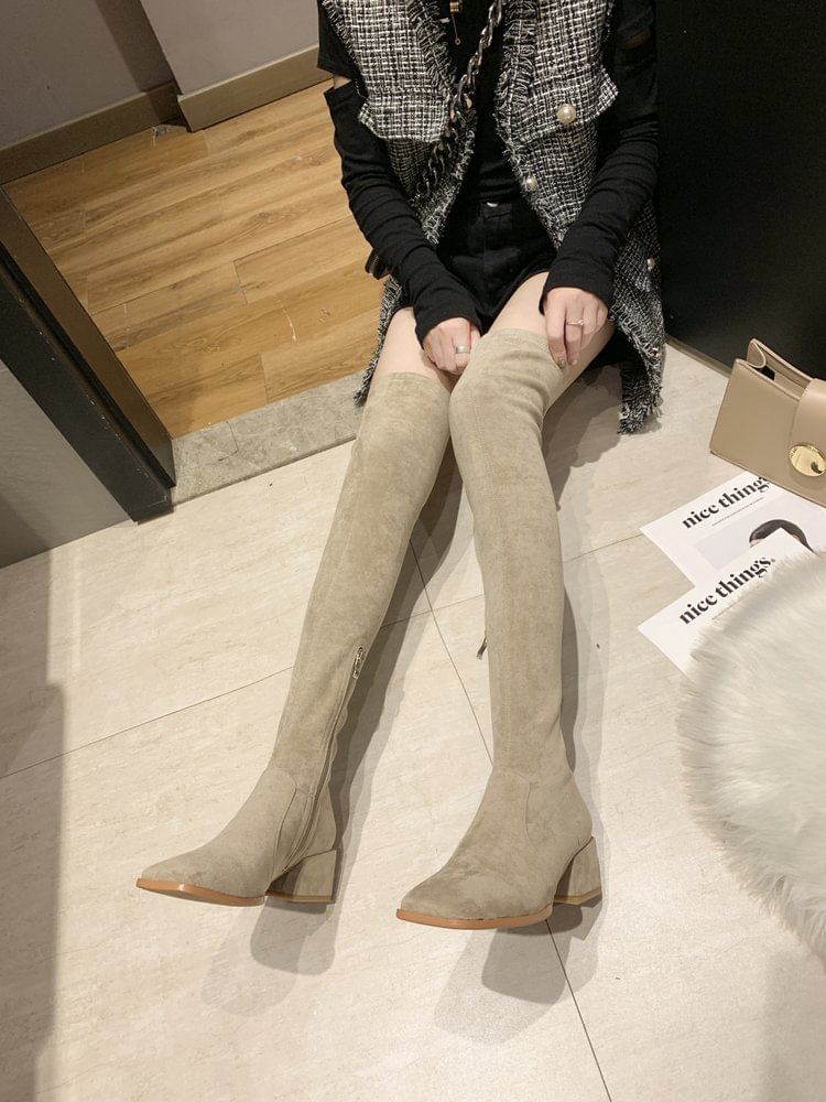 Square-Toe Chunky Heel Over-the-Knee Boots SpreePicky