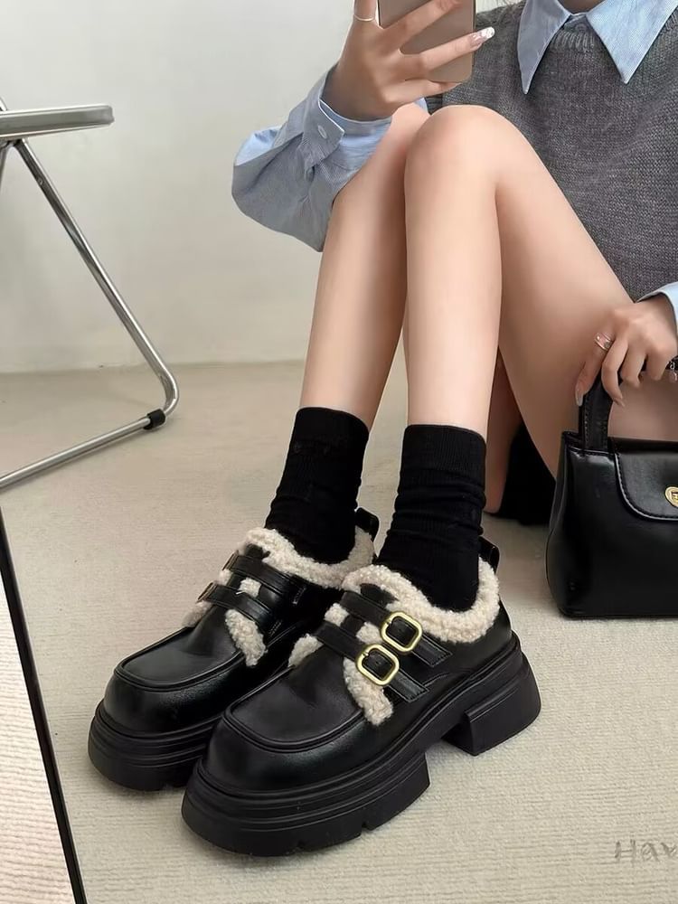 Platform Chunky Heel Buckled Fleece-Lined Mary Jane Shoes SpreePicky