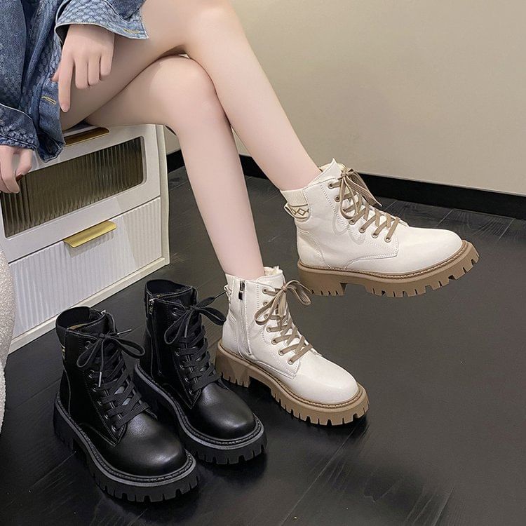 Faux Leather Platform Chunky Heel Lace-Up Short Boots SpreePicky