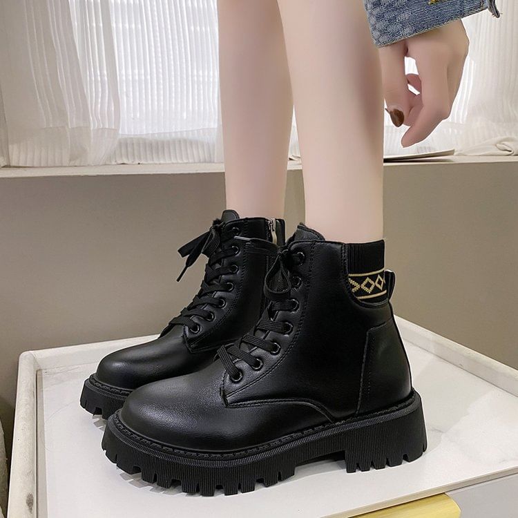 Faux Leather Platform Chunky Heel Lace-Up Short Boots SpreePicky