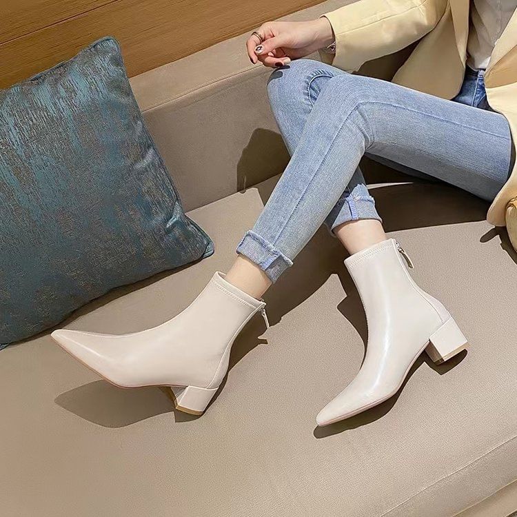 Pointy Chunky Heel Short Boots SpreePicky