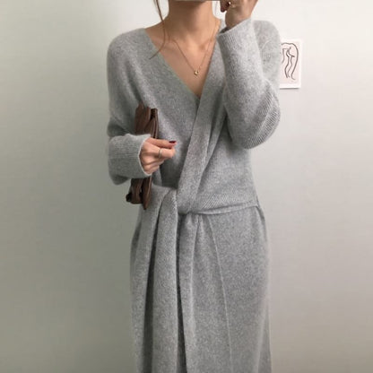 Long-Sleeve V-Neck Plain Tie Front Knit Midi A-Line Wrap Dress SpreePicky