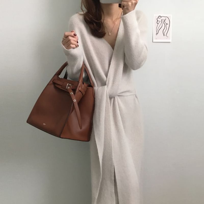 Long-Sleeve V-Neck Plain Tie Front Knit Midi A-Line Wrap Dress SpreePicky