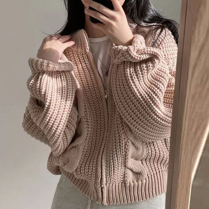 Round Neck Plain Cable Knit Zip Cardigan SpreePicky