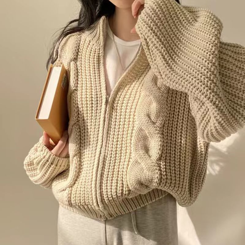 Round Neck Plain Cable Knit Zip Cardigan SpreePicky