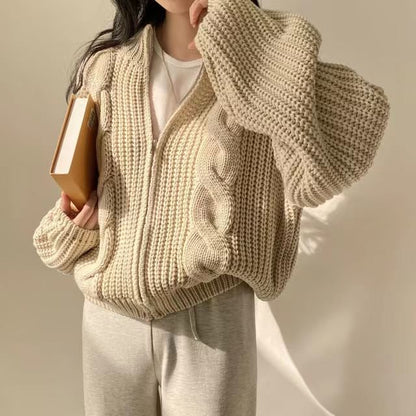 Round Neck Plain Cable Knit Zip Cardigan SpreePicky