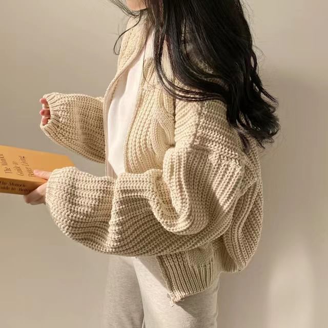 Round Neck Plain Cable Knit Zip Cardigan SpreePicky