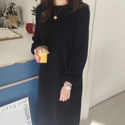 Long-Sleeve Crew Neck Plain Midi Shift Sweater Dress mySite