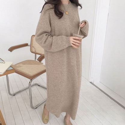 Long-Sleeve Crew Neck Plain Midi Shift Sweater Dress mySite