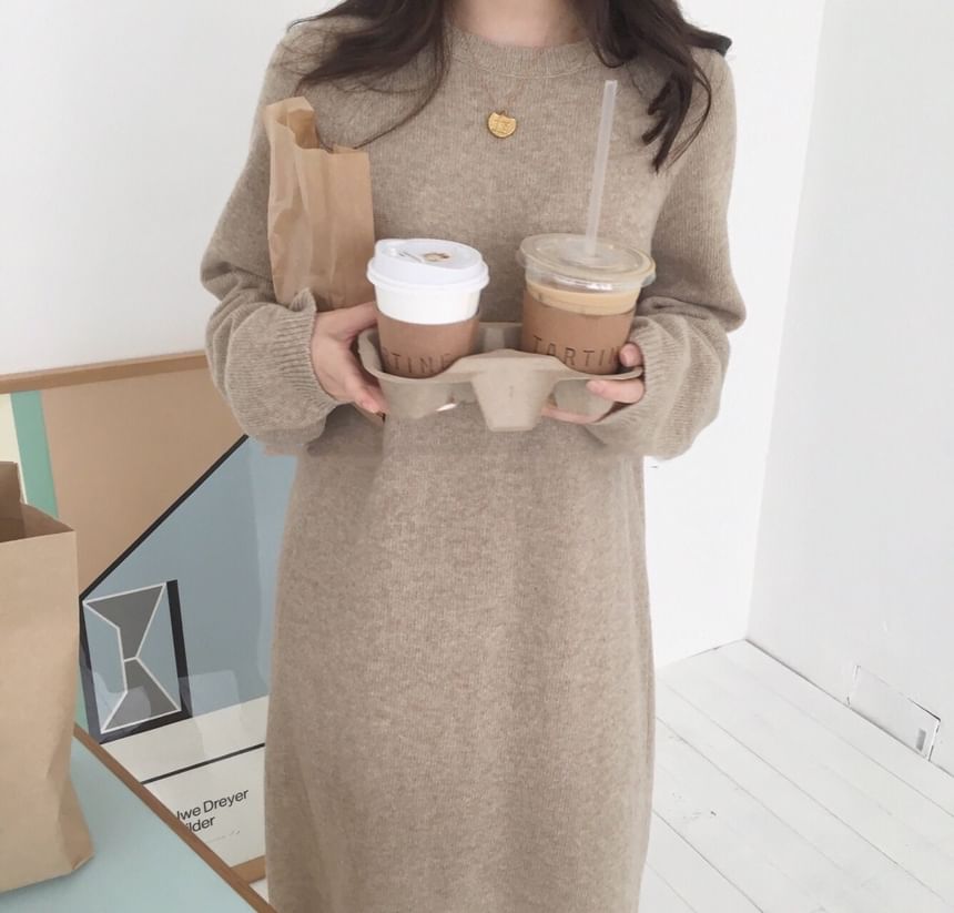 Long-Sleeve Crew Neck Plain Midi Shift Sweater Dress mySite