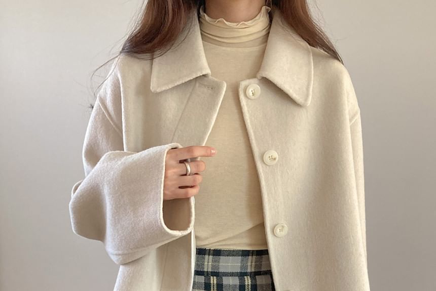 Collared Plain Short Button Coat SpreePicky