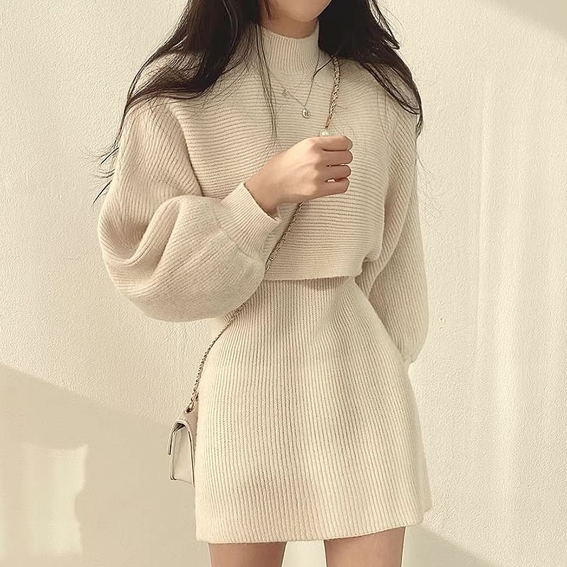 Set: Balloon Sleeve Mock Neck Plain Ribbed Sweater + Sleeveless Crew Neck Knit Mini A-Line Dress SpreePicky