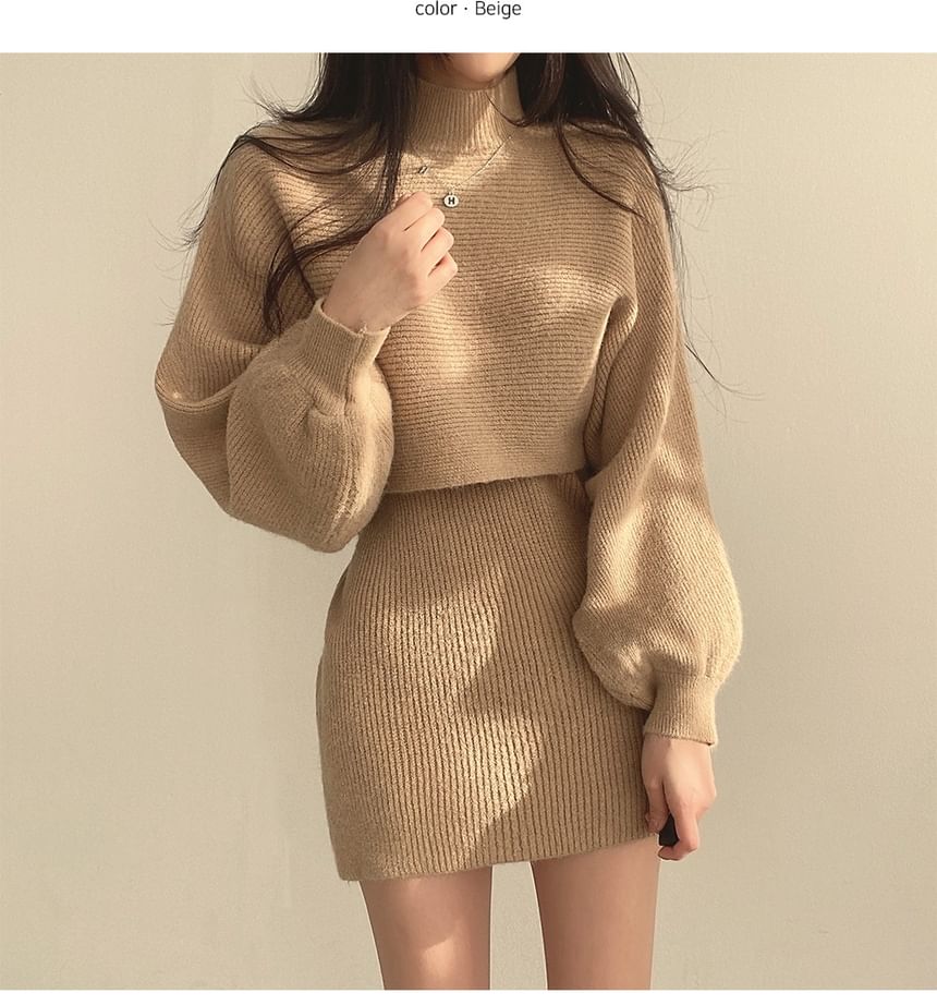 Set: Balloon Sleeve Mock Neck Plain Ribbed Sweater + Sleeveless Crew Neck Knit Mini A-Line Dress SpreePicky