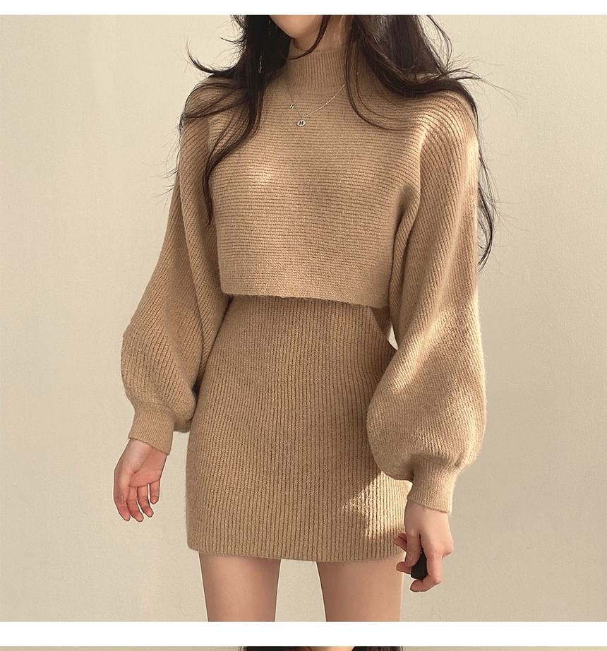 Set: Balloon Sleeve Mock Neck Plain Ribbed Sweater + Sleeveless Crew Neck Knit Mini A-Line Dress SpreePicky