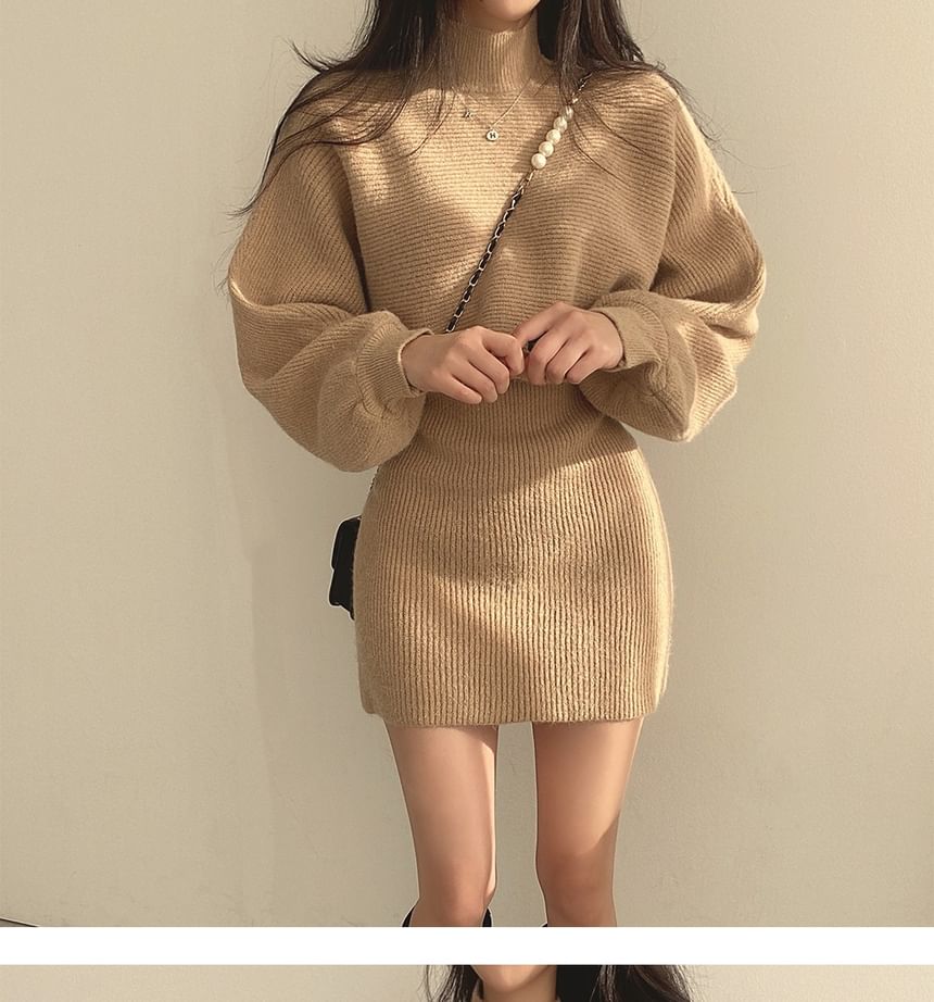 Set: Balloon Sleeve Mock Neck Plain Ribbed Sweater + Sleeveless Crew Neck Knit Mini A-Line Dress SpreePicky