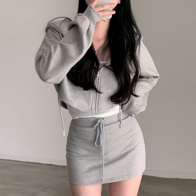 Set: Plain Zip Hoodie + Drawstring Waist Mini Pencil Skirt SpreePicky