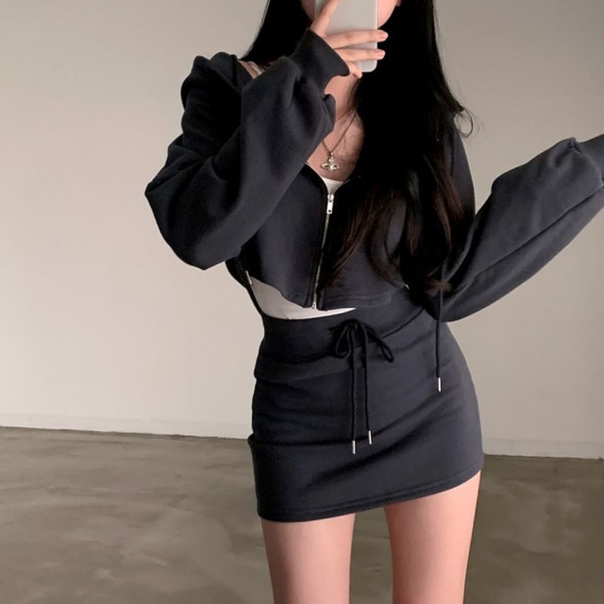 Set: Plain Zip Hoodie + Drawstring Waist Mini Pencil Skirt SpreePicky