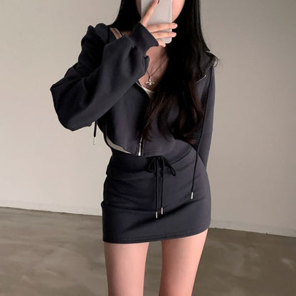 Set: Plain Zip Hoodie + Drawstring Waist Mini Pencil Skirt SpreePicky