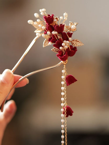 Flocking Flower Faux Pearl Alloy Hair Stick / Asymmetrical Dangle Earring SpreePicky