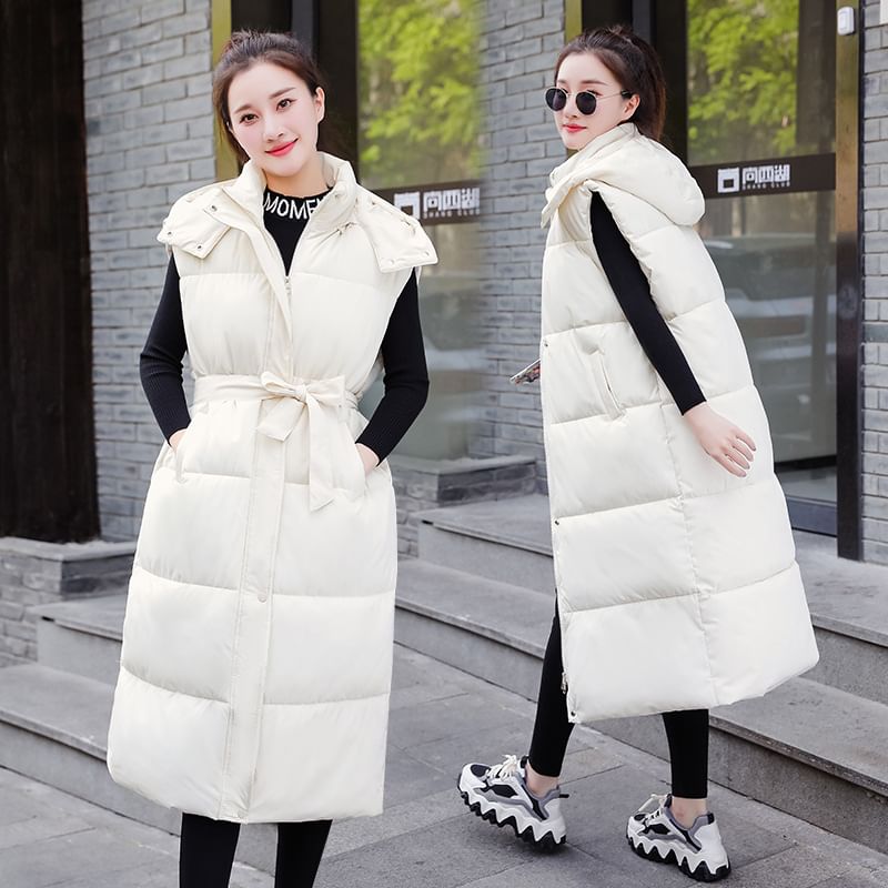 Hooded Plain Long Puffer Vest SpreePicky