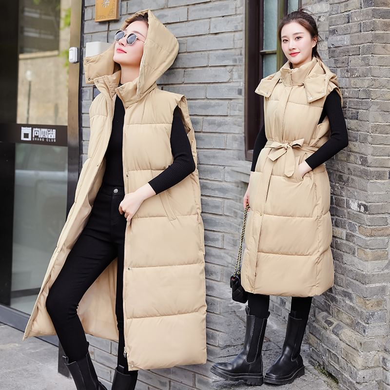 Hooded Plain Long Puffer Vest SpreePicky