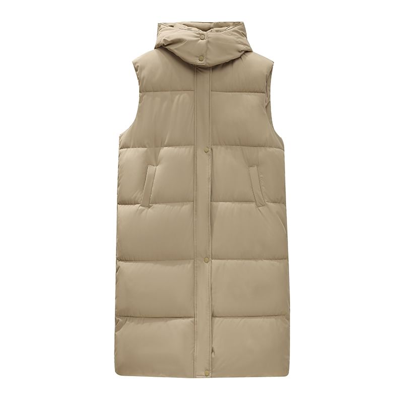 Hooded Plain Long Puffer Vest SpreePicky