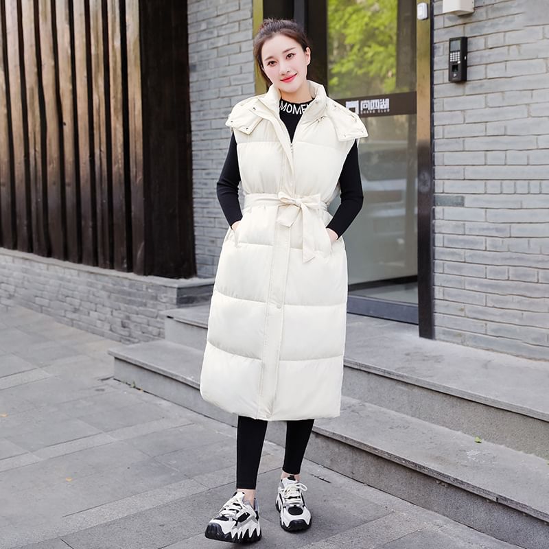 Hooded Plain Long Puffer Vest SpreePicky