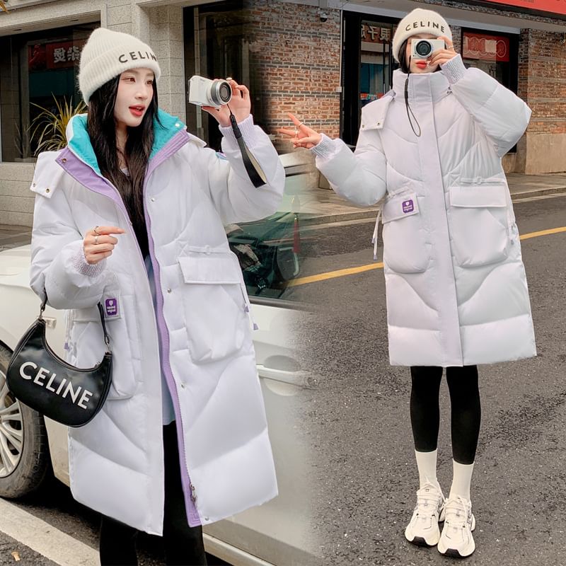 Hooded Color Block Long Puffer Coat SpreePicky