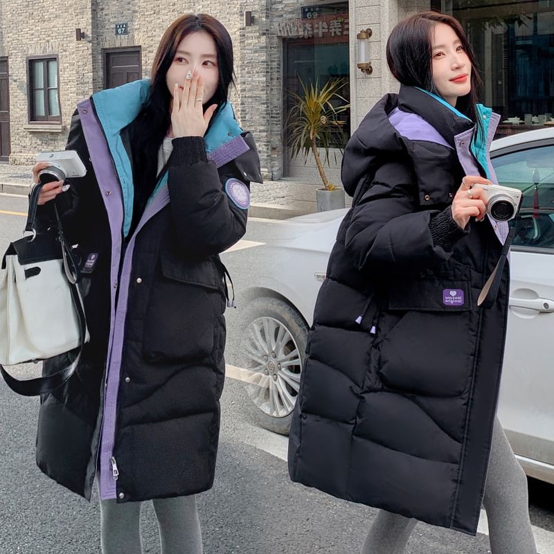 Hooded Color Block Long Puffer Coat SpreePicky