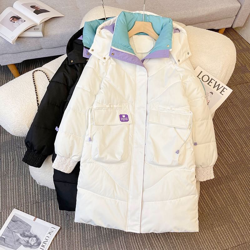 Hooded Color Block Long Puffer Coat SpreePicky