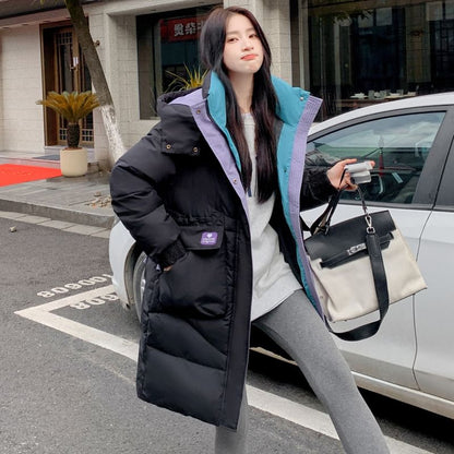 Hooded Color Block Long Puffer Coat SpreePicky