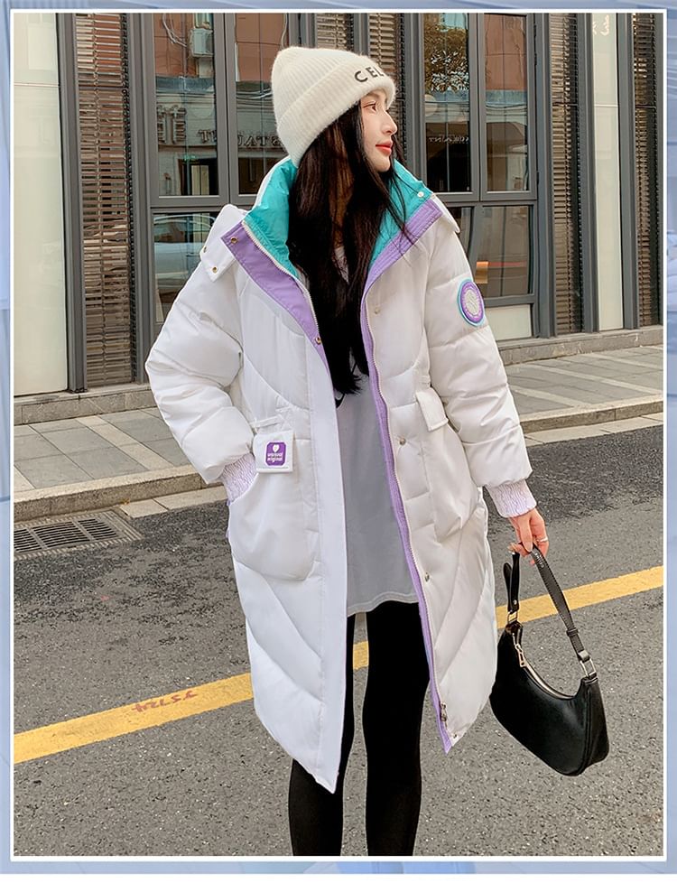 Hooded Color Block Long Puffer Coat SpreePicky