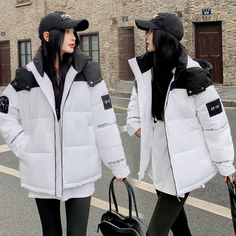 Hooded Two Tone Puffer Jacket SpreePicky