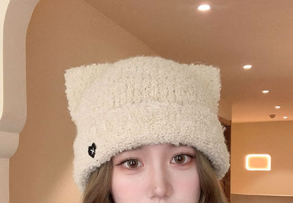 Heart Embroidered Cat Ear Knit Beanie SpreePicky