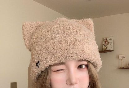 Heart Embroidered Cat Ear Knit Beanie SpreePicky