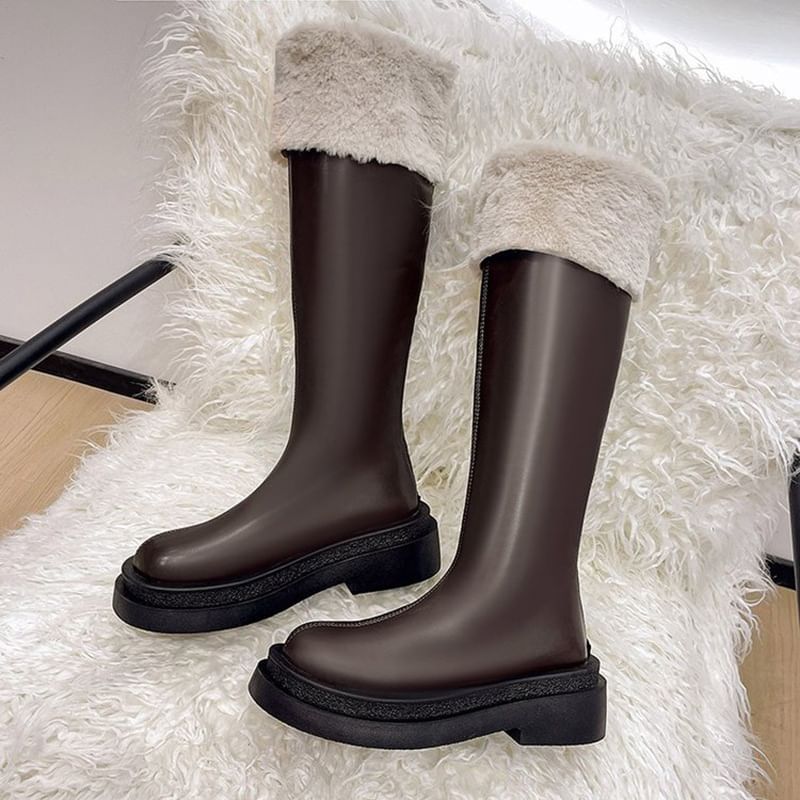 Fluffy Trim Platform Chunky Heel Tall Boots mySite