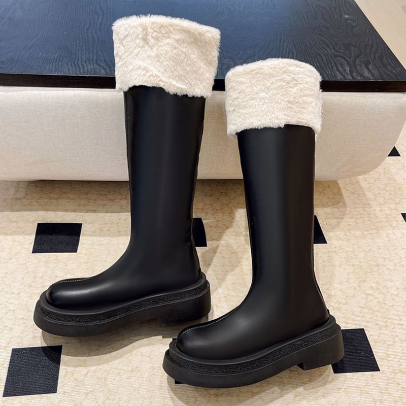 Fluffy Trim Platform Chunky Heel Tall Boots mySite