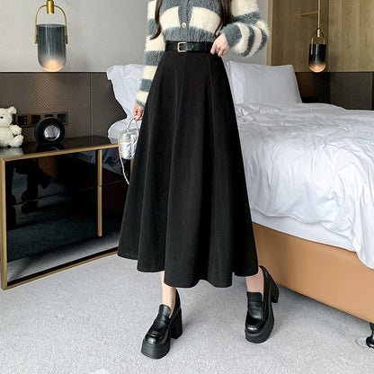 High-Waist Plain Woolen A-Line Skirt SpreePicky