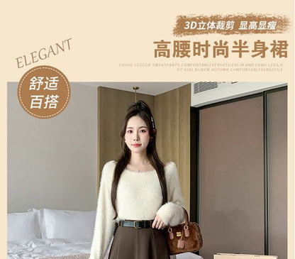 High-Waist Plain Woolen A-Line Skirt SpreePicky