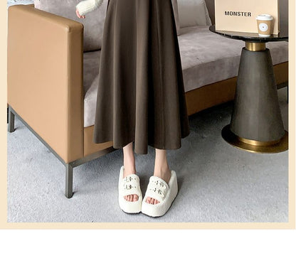 High-Waist Plain Woolen A-Line Skirt SpreePicky