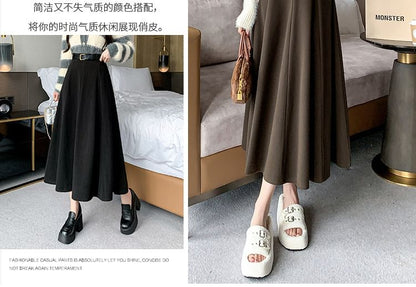 High-Waist Plain Woolen A-Line Skirt SpreePicky